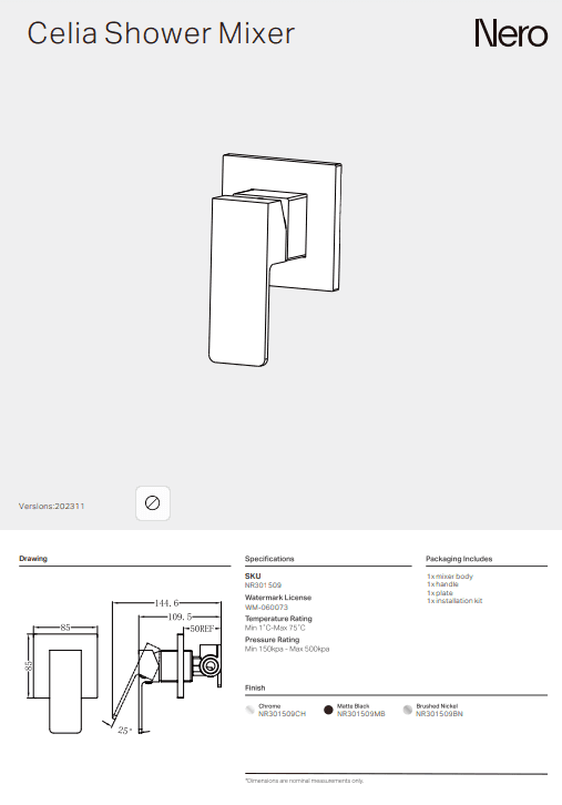 NERO CELIA SHOWER MIXER BRUSHED NICKEL - Ideal Bathroom CentreNR301509BN