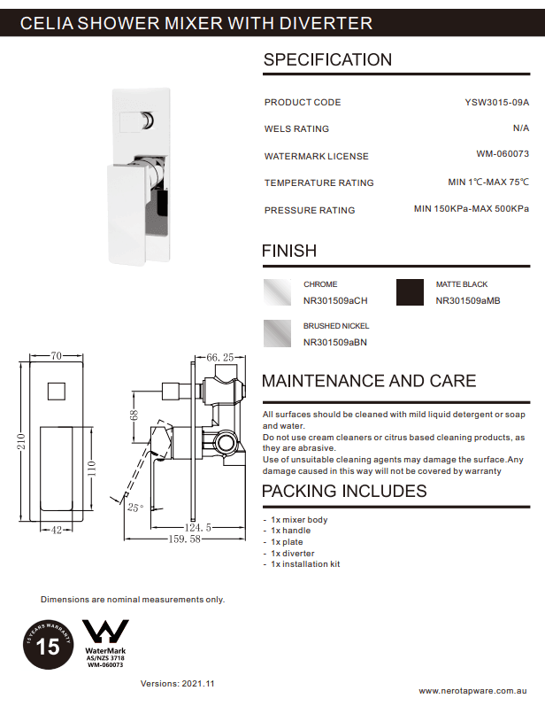 NERO CELIA SHOWER MIXER WITH DIVERTOR BRUSHED NICKEL - Ideal Bathroom CentreNR301509aBN