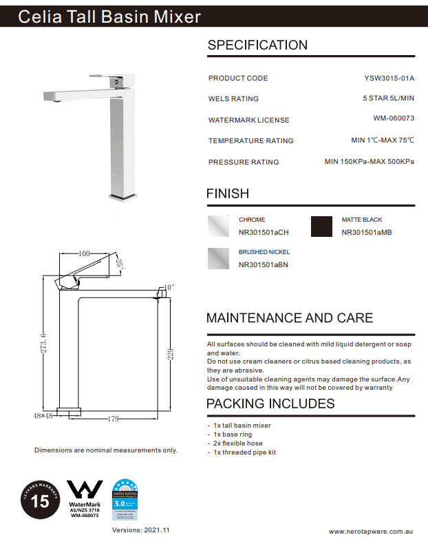 NERO CELIA TALL BASIN MIXER MATTE BLACK - Ideal Bathroom CentreNR301501aMB