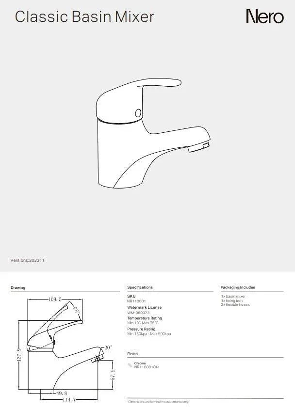 NERO CLASSIC BASIN MIXER CHROME - Ideal Bathroom CentreNR110001CH