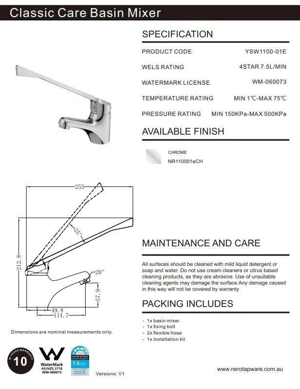 NERO CLASSIC CARE BASIN MIXER EXTENDED HANDLE CHROME - Ideal Bathroom CentreNR110001eCH