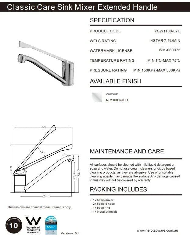 NERO CLASSIC CARE SINK MIXER EXTENDED HANDLE CHROME - Ideal Bathroom CentreNR110007eCH
