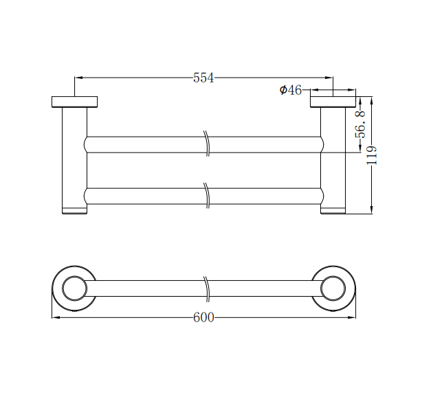 NERO CLASSIC DOUBLE TOWEL RAIL 600MM BRUSHED NICKEL - Ideal Bathroom CentreNR2024dBN