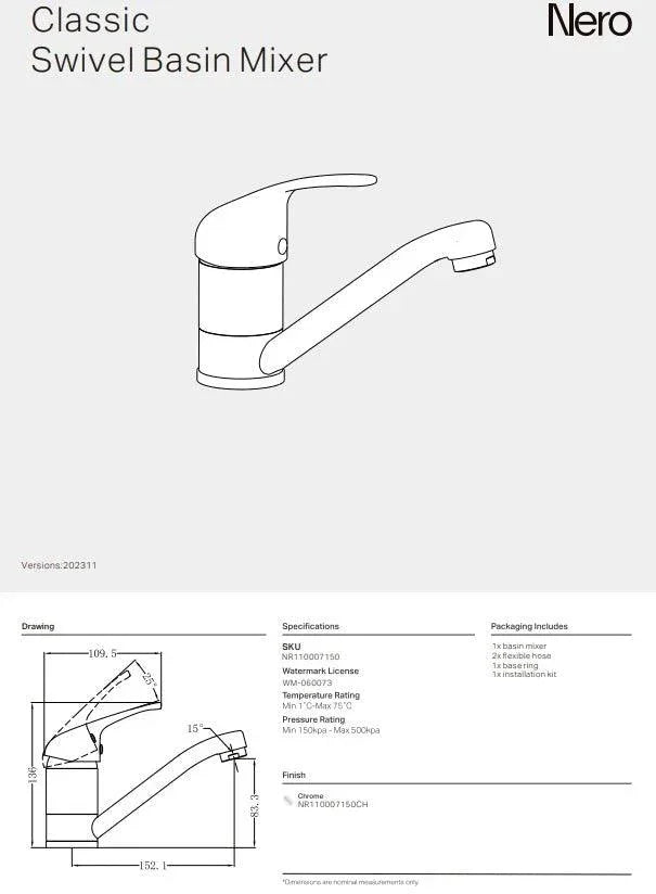 NERO CLASSIC SWIVEL BASIN MIXER CHROME - Ideal Bathroom CentreNR110007150CH
