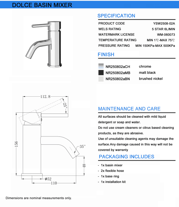 NERO DOLCE BASIN MIXER STYLISH SPOUT MATTE BLACK - Ideal Bathroom CentreNR250802aMB