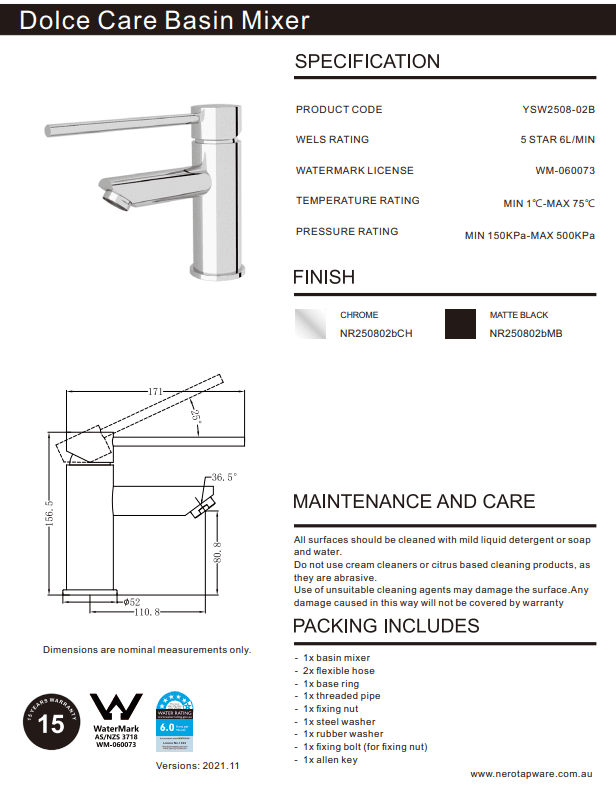 NERO DOLCE CARE BASIN MIXER MATTE BLACK - Ideal Bathroom CentreNR250802bMB