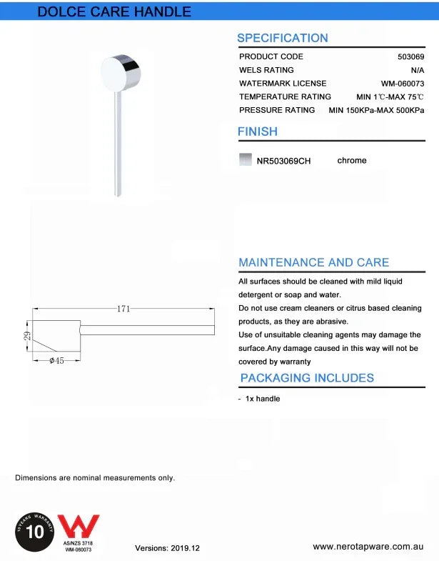 NERO DOLCE CARE HANDLE ONLY CHROME - Ideal Bathroom CentreNR503069CH