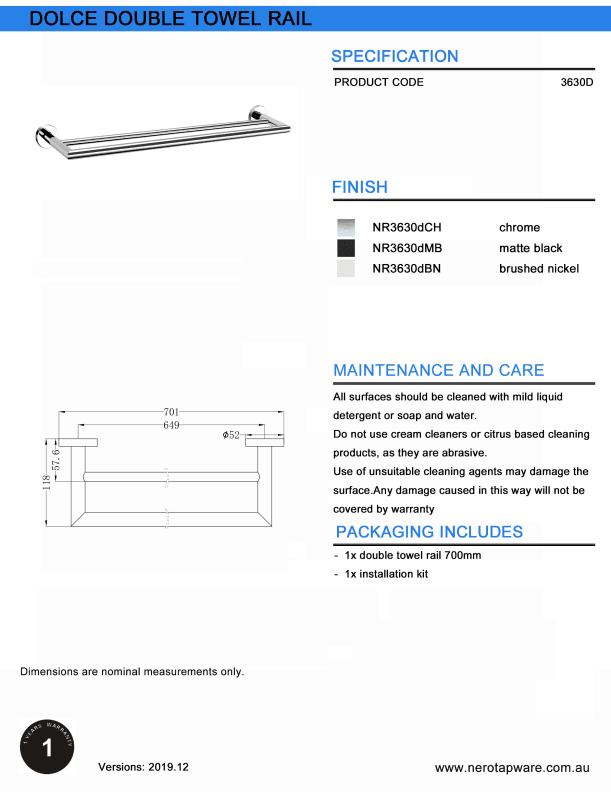 NERO DOLCE DOUBLE TOWEL RAIL 700MM MATTE BLACK - Ideal Bathroom CentreNR3630dMB