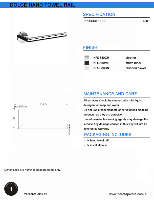 NERO DOLCE HAND TOWEL RAIL BRUSHED NICKEL - Ideal Bathroom CentreNR3680BN