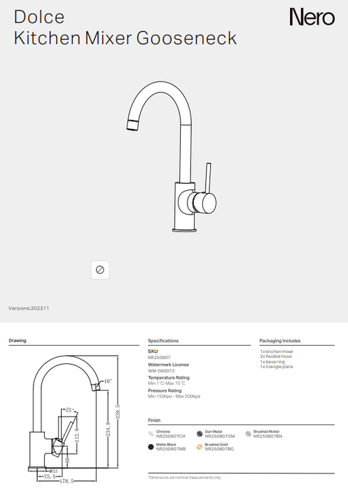 NERO DOLCE KITCHEN MIXER GOOSENECK MATTE BLACK - Ideal Bathroom CentreNR250807MB