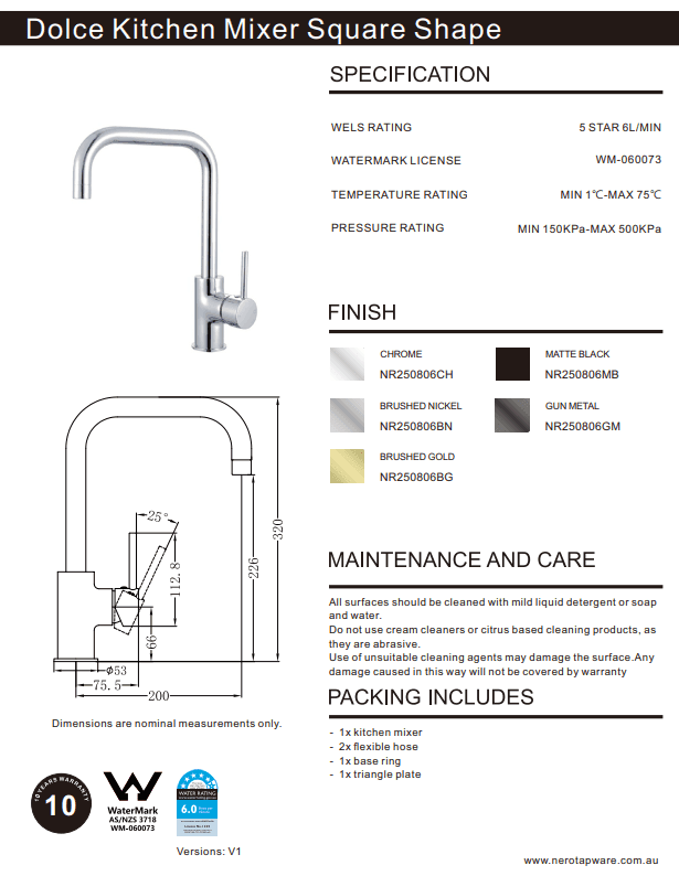 NERO DOLCE KITCHEN MIXER SQUARE SHAPE BRUSHED NICKEL - Ideal Bathroom CentreNR250806BN