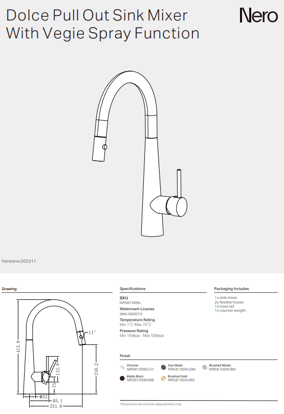 NERO DOLCE PULL OUT SINK MIXER WITH VEGIE SPRAY FUNCTION BRUSHED NICKEL - Ideal Bathroom CentreNR581009cBN