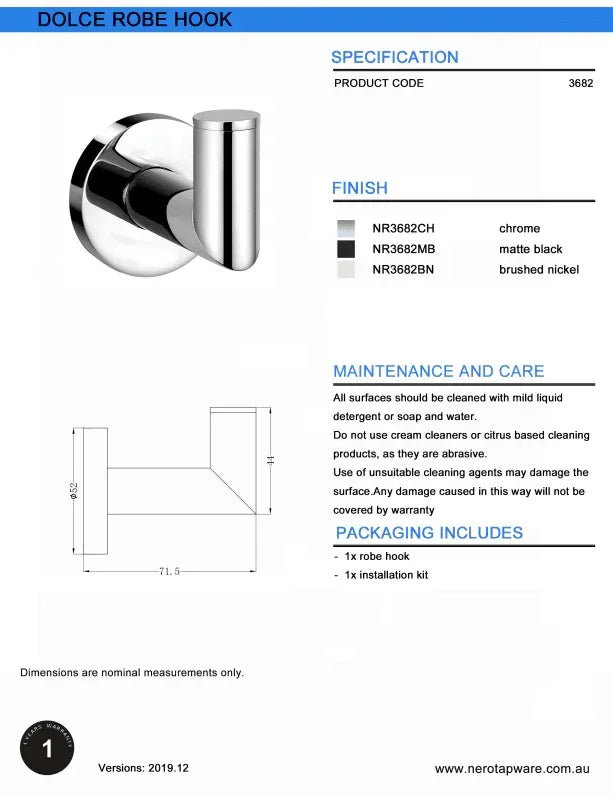 NERO DOLCE ROBE HOOK CHROME - Ideal Bathroom CentreNR3682CH