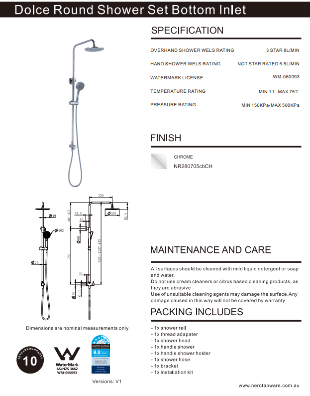 NERO DOLCE ROUND TWIN SHOWER BOTTOM INLET CHROME - Ideal Bathroom CentreNR280705cbCH