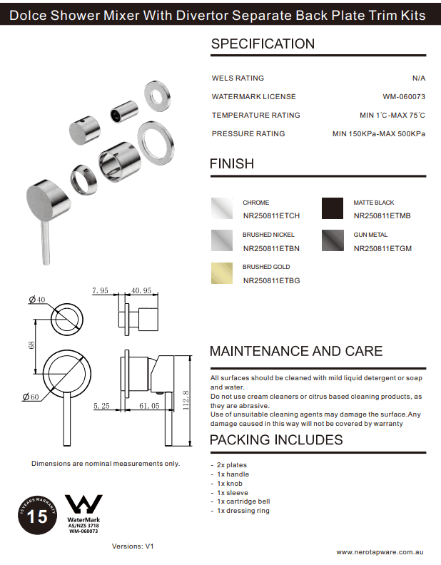 NERO DOLCE SHOWER MIXER WITH DIVERTOR SEPARATE BACK PLATE TRIM KITS ONLY MATTE BLACK - Ideal Bathroom CentreNR250811ETMB