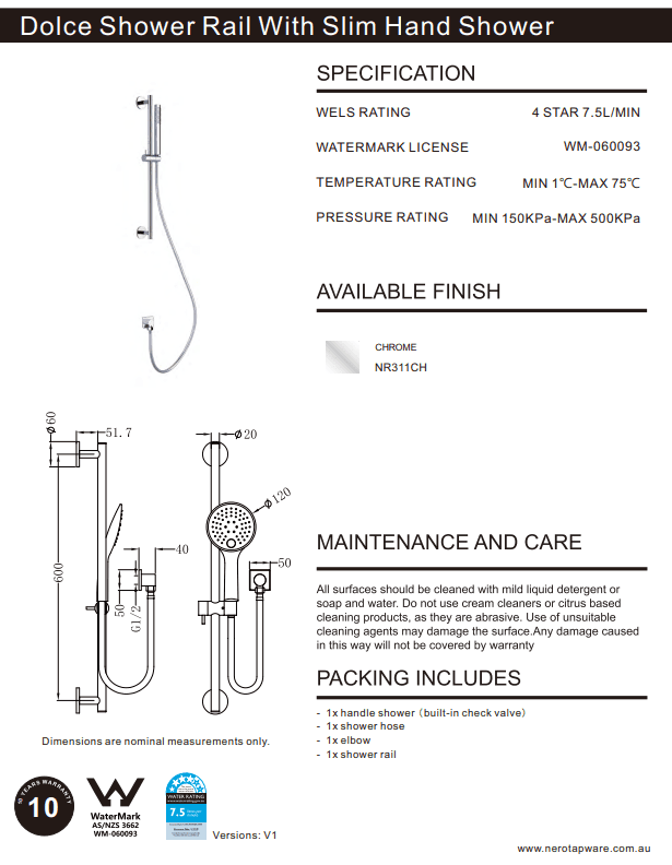 NERO DOLCE SHOWER RAIL WITH SLIM HAND SHOWER CHROME - Ideal Bathroom CentreNR311CH