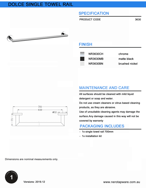 NERO DOLCE SINGLE TOWEL RAIL 700MM CHROME - Ideal Bathroom CentreNR3630CH