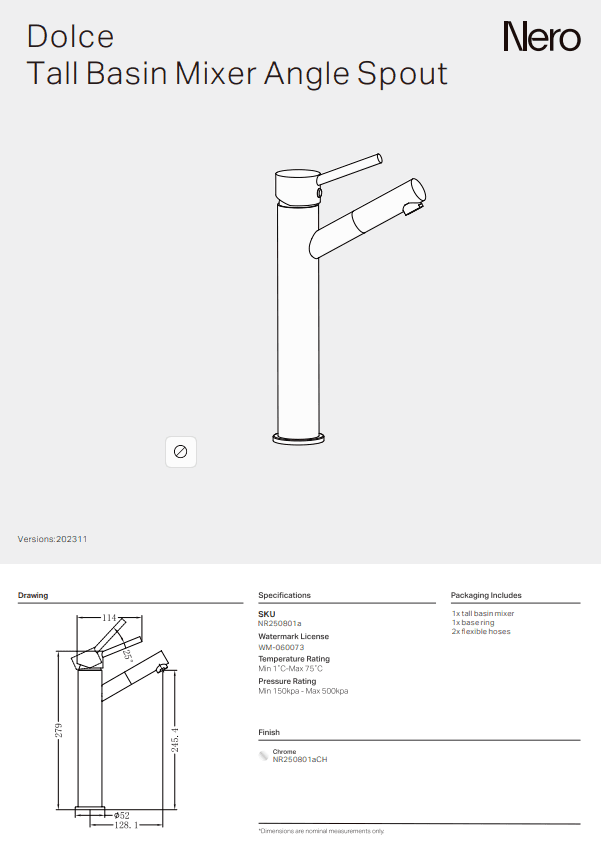 NERO DOLCE TALL BASIN MIXER ANGLE SPOUT CHROME - Ideal Bathroom CentreNR250801aCH
