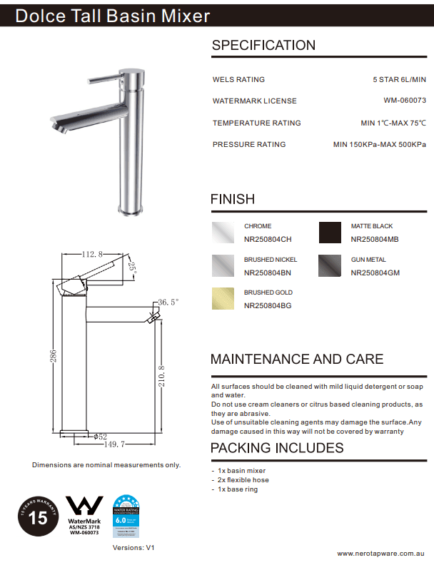 NERO DOLCE TALL BASIN MIXER CHROME - Ideal Bathroom CentreNR250804CH