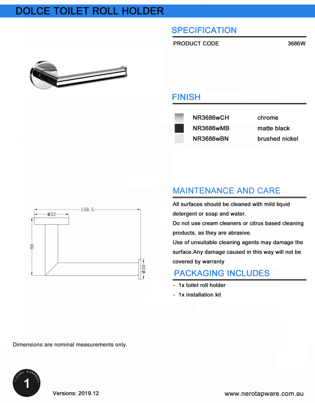 NERO DOLCE TOILET ROLL HOLDER BRUSHED NICKEL - Ideal Bathroom CentreNR3686wBN