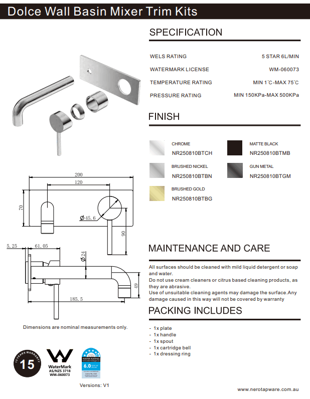 NERO DOLCE WALL BASIN/BATH MIXER TRIM KITS ONLY CHROME - Ideal Bathroom CentreNR250810bTCH