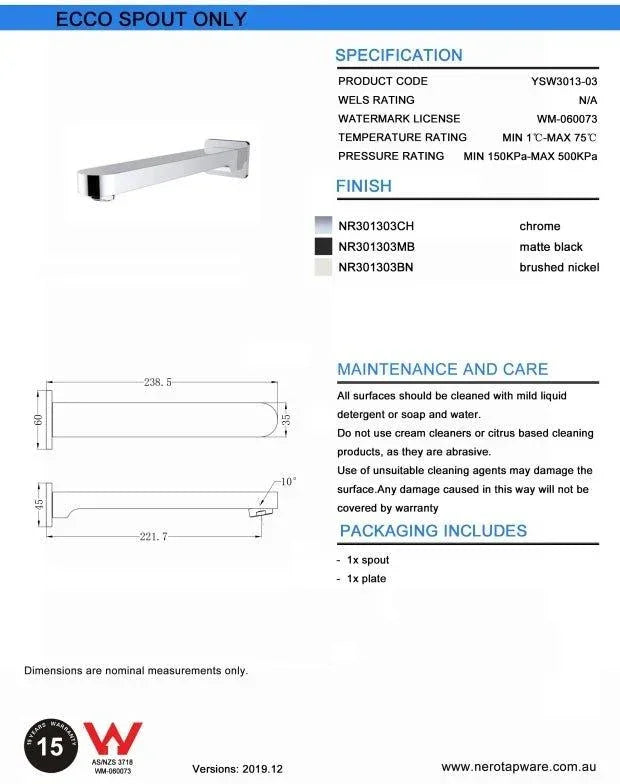 NERO ECCO FIXED BATH SPOUT ONLY BRUSHED NICKEL - Ideal Bathroom CentreNR301303BN