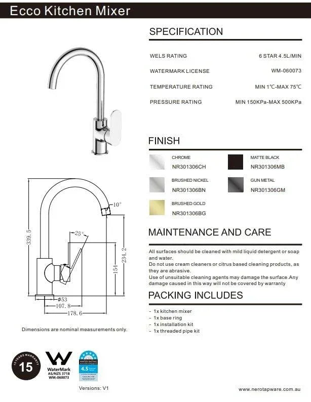 NERO ECCO KITCHEN MIXER MATTE BLACK - Ideal Bathroom CentreNR301306MB