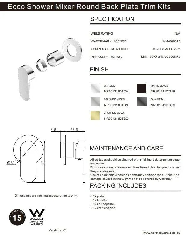 NERO ECCO SHOWER MIXER 80MM ROUND PLATE TRIM KITS ONLY MATTE BLACK - Ideal Bathroom CentreNR301311DTMB