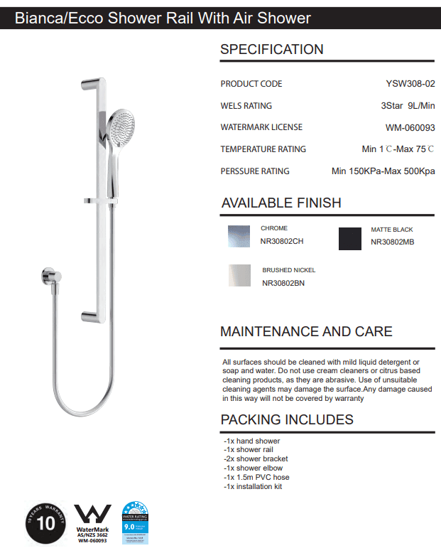 NERO ECCO SHOWER RAIL WITH AIR SHOWER BRUSHED NICKEL - Ideal Bathroom CentreNR30802BN