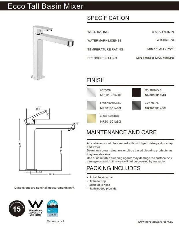 NERO ECCO TALL BASIN MIXER MATTE BLACK - Ideal Bathroom CentreNR301301aMB