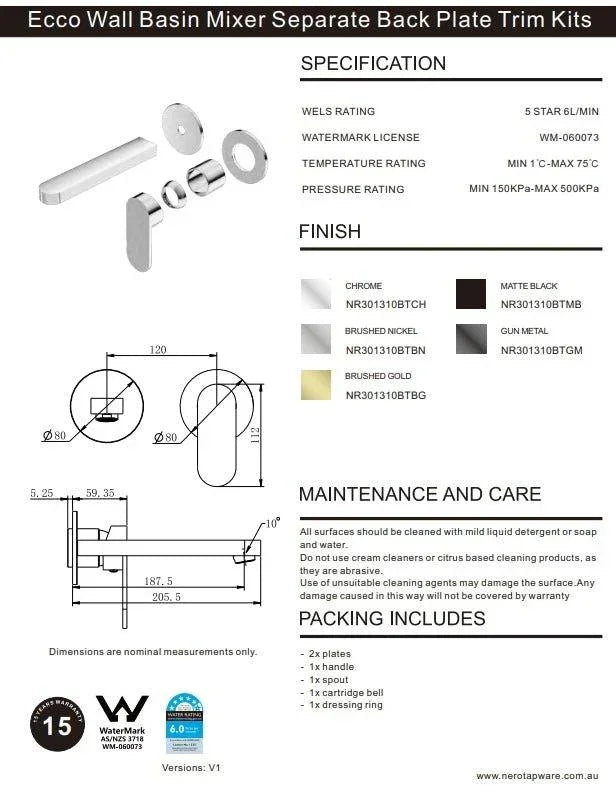 NERO ECCO WALL BASIN/BATH MIXER SEPARATE BACK PLATE TRIM KITS ONLY CHROME - Ideal Bathroom CentreNR301310bTCH