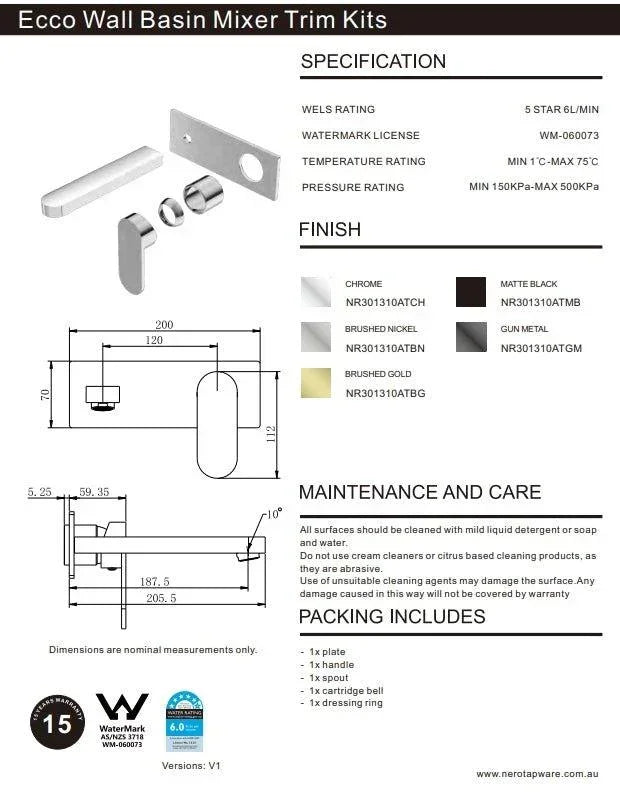 NERO ECCO WALL BASIN/BATH MIXER TRIM KITS ONLY BRUSHED NICKEL - Ideal Bathroom CentreNR301310aTBN
