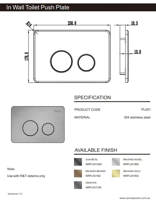 NERO IN WALL TOILET PUSH PLATE BRUSHED GOLD - Ideal Bathroom CentreNRPL001BG