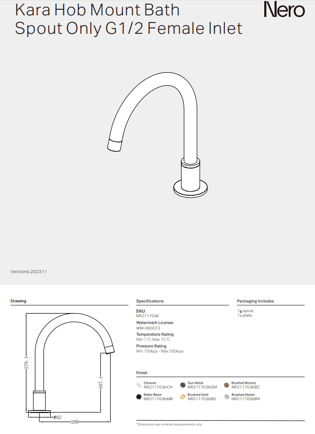 NERO KARA HOB MOUNT BATH SPOUT ONLY G1/2 FEMALE INLET BRUSHED GOLD - Ideal Bathroom CentreNR211703bBG