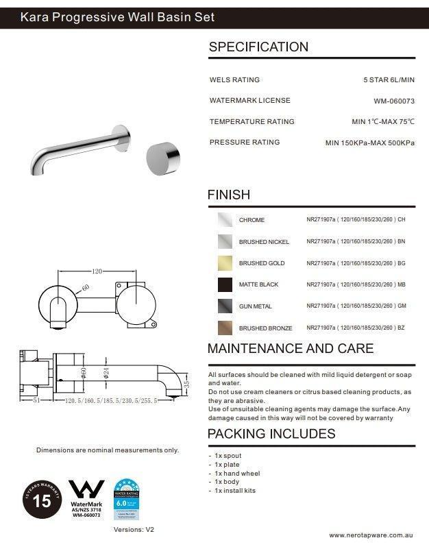 NERO KARA PROGRESSIVE WALL BASIN/BATH SET 160MM BRUSHED BRONZE - Ideal Bathroom CentreNR271907a160BZ