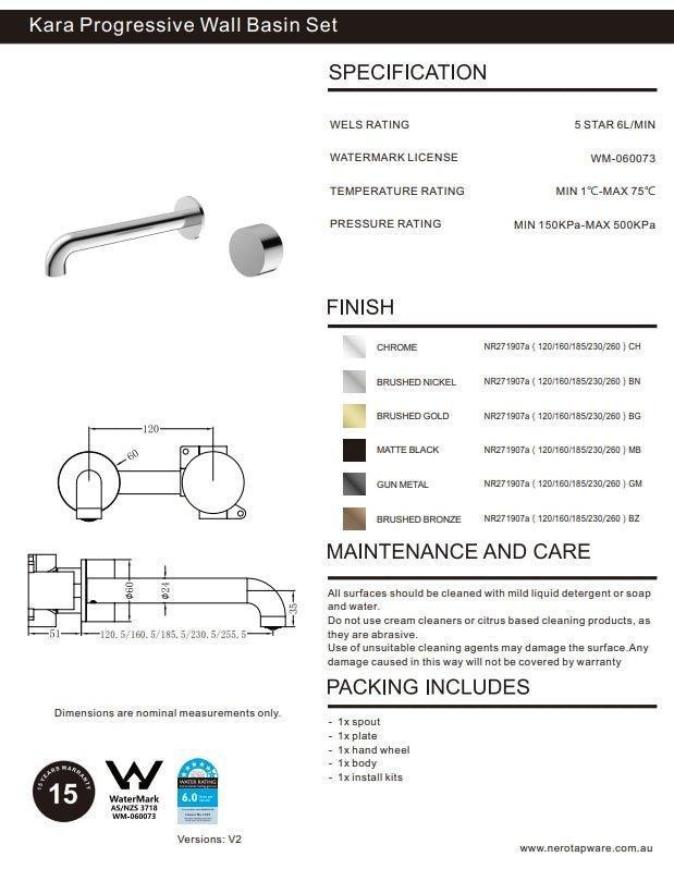 NERO KARA PROGRESSIVE WALL BASIN/BATH SET 185MM BRUSHED BRONZE - Ideal Bathroom CentreNR271907a185BZ