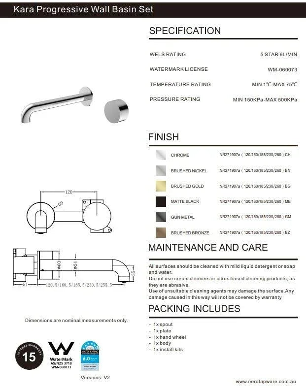 NERO KARA PROGRESSIVE WALL BASIN/BATH SET 230MM BRUSHED BRONZE - Ideal Bathroom CentreNR271907a230BZ