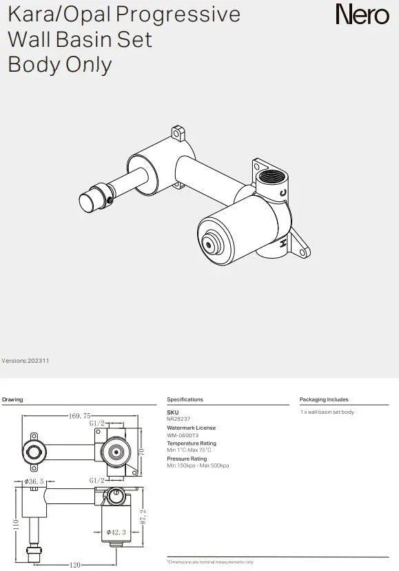 NERO KARA/OPAL PROGRESSIVE WALL BASIN SET BODY ONLY - Ideal Bathroom CentreNR29237