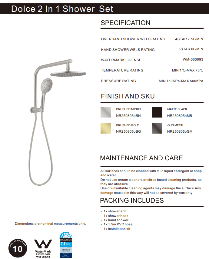 NERO MECCA 2 IN 1 TWIN SHOWER BRUSHED NICKEL - Ideal Bathroom CentreNR250805bBN