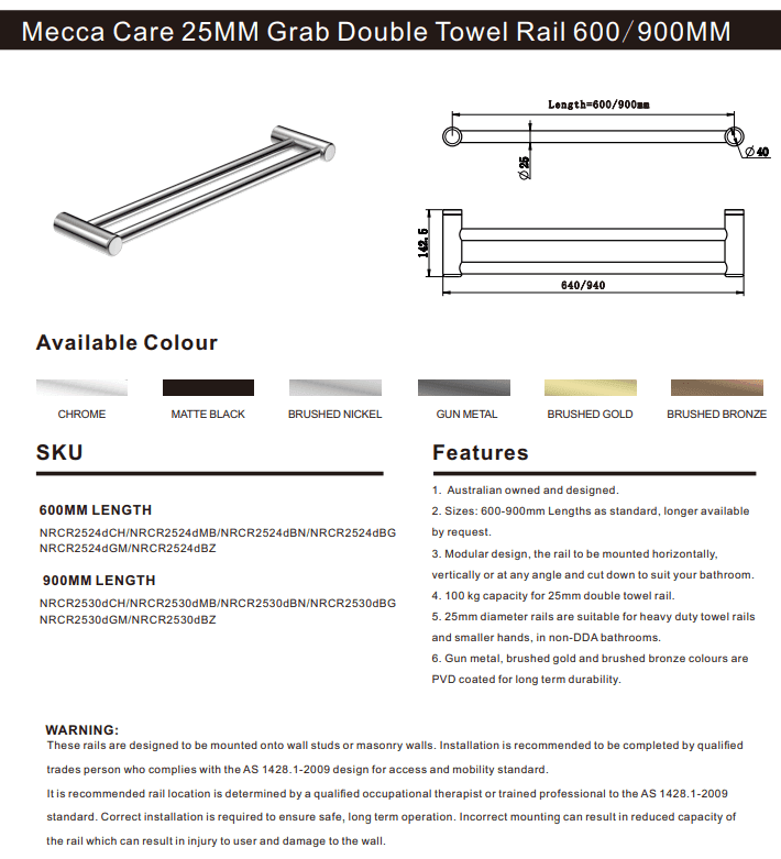 NERO MECCA CARE 25MM DOUBLE TOWEL GRAB RAIL 600MM BRUSHED BRONZE - Ideal Bathroom CentreNRCR2524DBZ