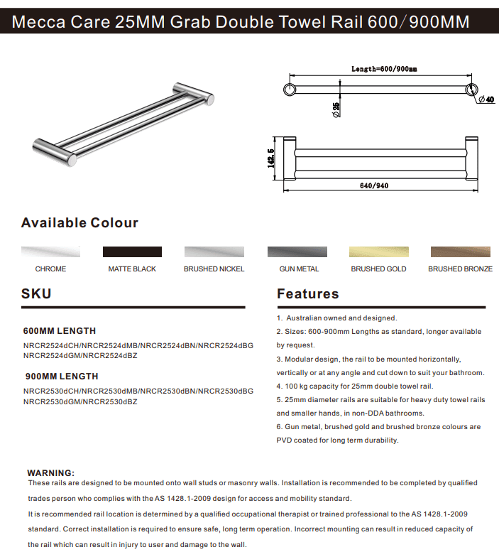 NERO MECCA CARE 25MM DOUBLE TOWEL GRAB RAIL 900MM BRUSHED BRONZE - Ideal Bathroom CentreNRCR2530DBZ