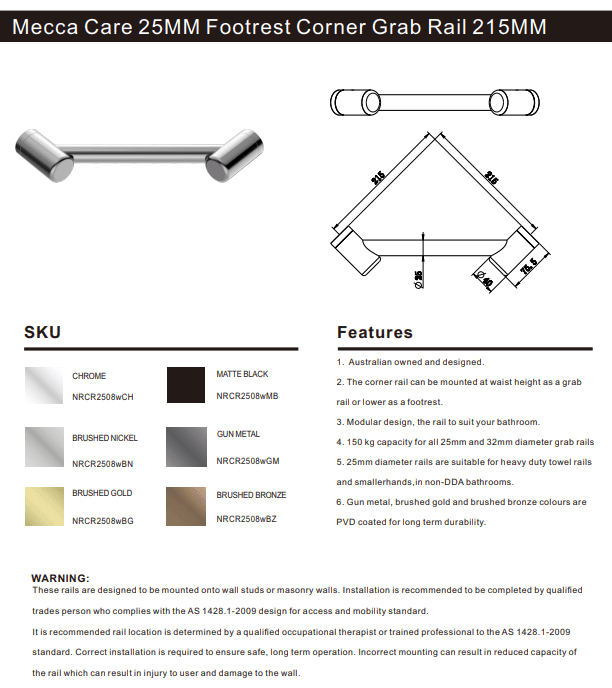 NERO MECCA CARE 25MM FOOTREST CORNER GRAB RAIL 215MM BRUSHED NICKEL - Ideal Bathroom CentreNRCR2508WBN