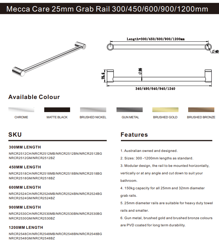 NERO MECCA CARE 25MM GRAB RAIL 1200MM CHROME - Ideal Bathroom CentreNRCR2548CH