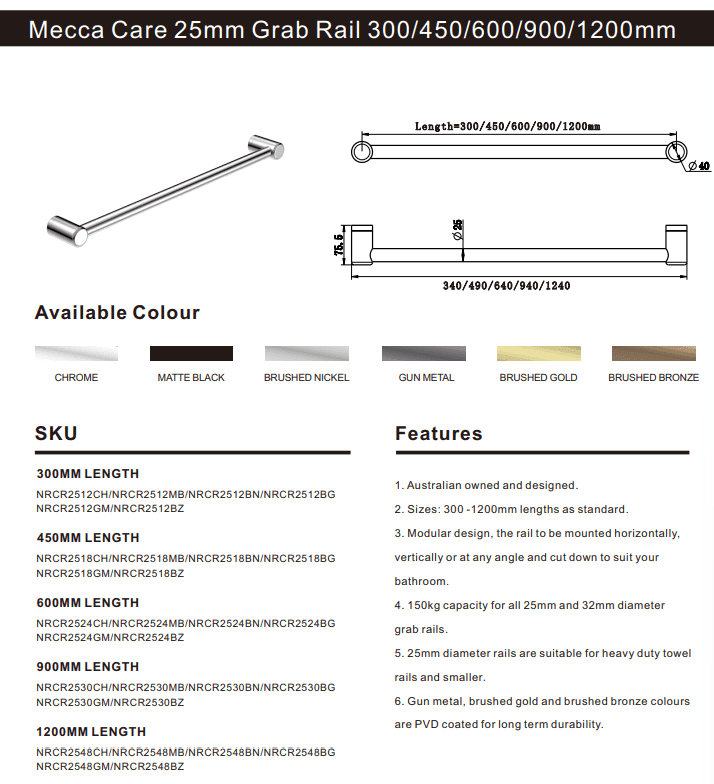 NERO MECCA CARE 25MM GRAB RAIL 300MM CHROME - Ideal Bathroom CentreNRCR2512CH