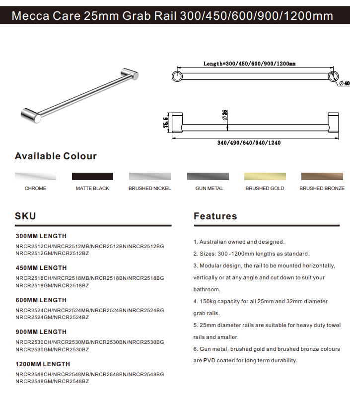 NERO MECCA CARE 25MM GRAB RAIL 600MM GUN METAL - Ideal Bathroom CentreNRCR2524GM