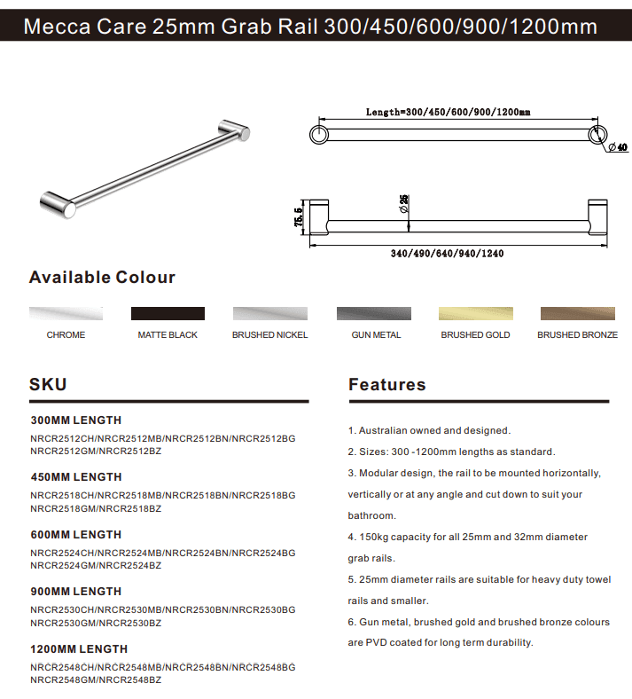 NERO MECCA CARE 25MM GRAB RAIL 900MM BRUSHED BRONZE - Ideal Bathroom CentreNRCR2530BZ
