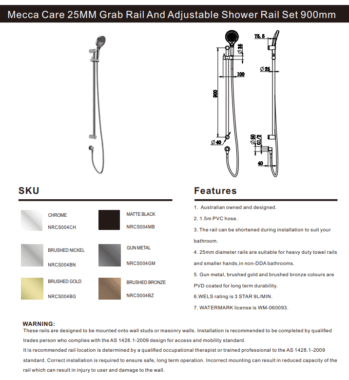 NERO MECCA CARE 25MM GRAB RAIL AND ADJUSTABLE SHOWER RAIL SET 900MM BRUSHED BRONZE - Ideal Bathroom CentreNRCS004BZ