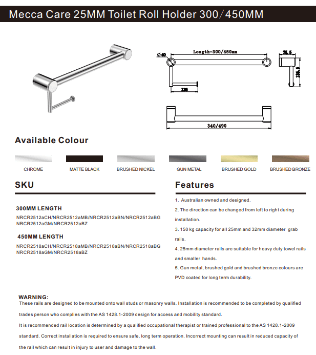 NERO MECCA CARE 25MM TOILET ROLL RAIL 300MM GUN METAL - Ideal Bathroom CentreNRCR2512AGM