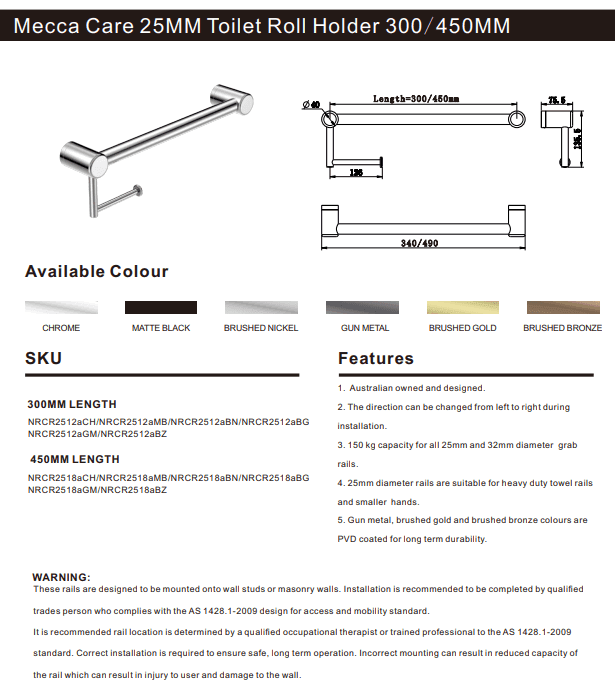 NERO MECCA CARE 25MM TOILET ROLL RAIL 450MM CHROME - Ideal Bathroom CentreNRCR2518ACH