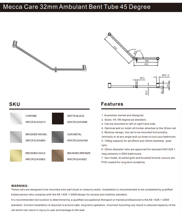 NERO MECCA CARE 32MM AMBULANT 45 DEGREE BENT TUBE GRAB RAIL 450X650MM MATTE BLACK - Ideal Bathroom CentreNRCR3245DMB